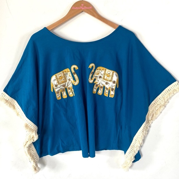 VaVa Appliqued Elephant, Blue Tunic Top, Angel Sleeve Poncho with Fringe, Size M - Picture 1 of 8